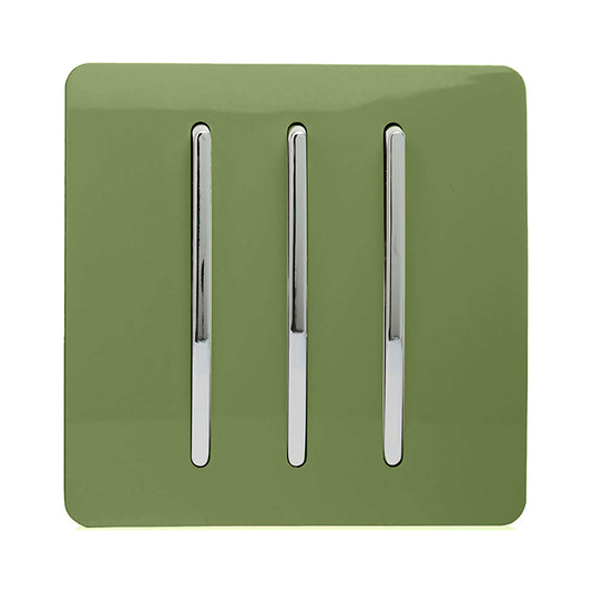 Trendi Switch ART-SS6MG, Artistic Modern 3 Gang 2 Way 10 Amp Rocker Moss Green Finish, BRITISH MADE, (25mm Back Box Required), 5yrs Warranty - 54075