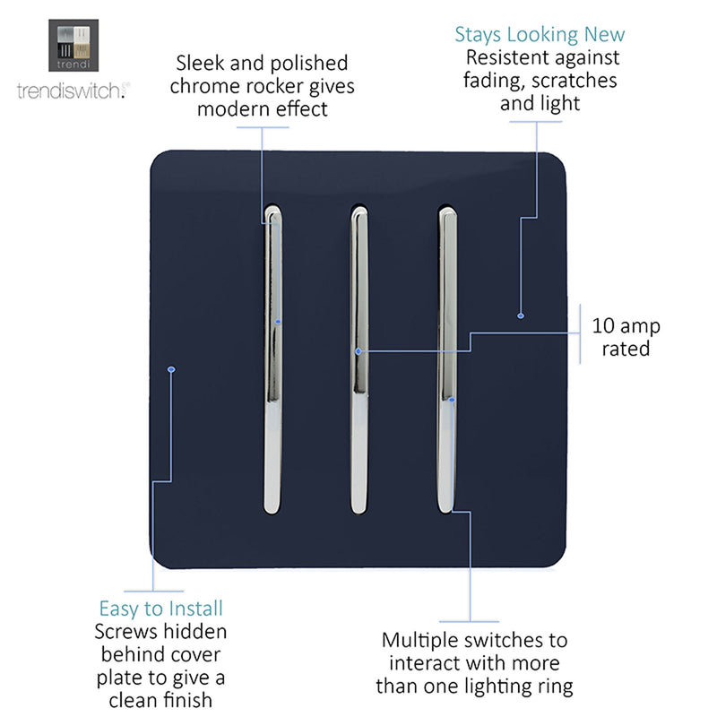 Load image into Gallery viewer, Trendi Switch ART-SS6NV, Artistic Modern 3 Gang 2 Way 10 Amp Rocker Navy Blue Finish, BRITISH MADE, (25mm Back Box Required), 5yrs Warranty - 54076
