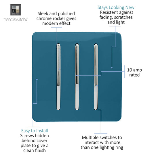 Trendi Switch ART-SS6OB, Artistic Modern 3 Gang 2 Way 10 Amp Rocker Ocean Blue Finish, BRITISH MADE, (25mm Back Box Required), 5yrs Warranty - 54077