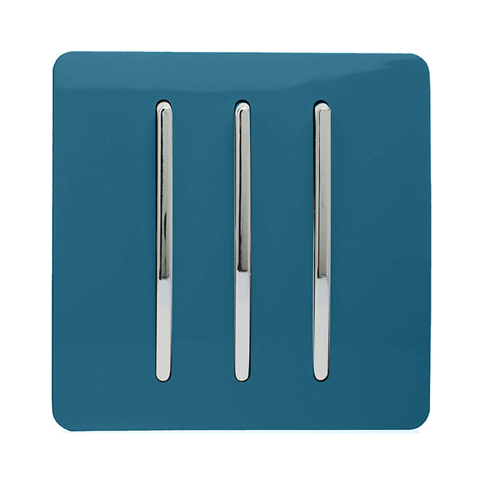 Trendi Switch ART-SS6OB, Artistic Modern 3 Gang 2 Way 10 Amp Rocker Ocean Blue Finish, BRITISH MADE, (25mm Back Box Required), 5yrs Warranty - 54077