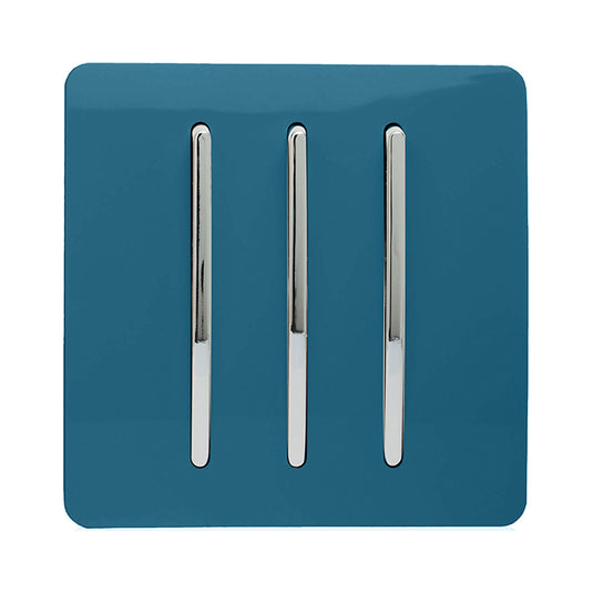 Trendi Switch ART-SS6OB, Artistic Modern 3 Gang 2 Way 10 Amp Rocker Ocean Blue Finish, BRITISH MADE, (25mm Back Box Required), 5yrs Warranty - 54077