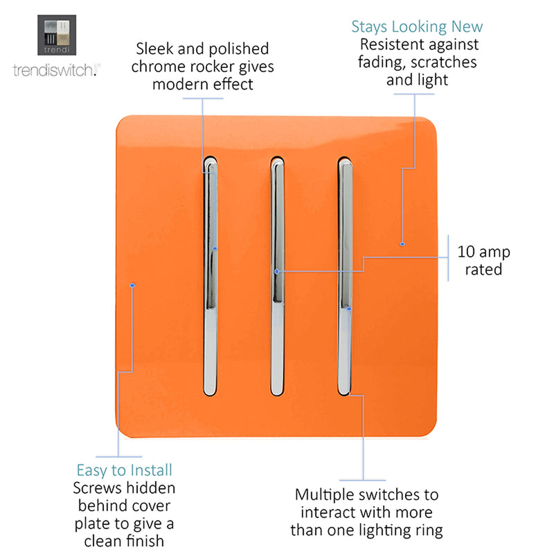 Load image into Gallery viewer, Trendi Switch ART-SS6OR, Artistic Modern 3 Gang 2 Way 10 Amp Rocker Orange Finish, BRITISH MADE, (25mm Back Box Required), 5yrs Warranty - 54078
