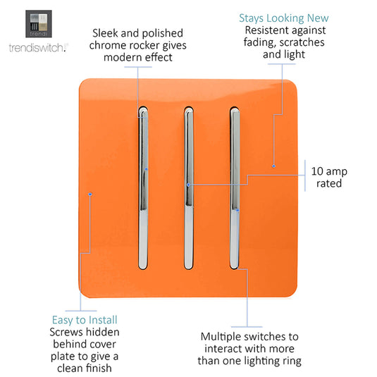 Trendi Switch ART-SS6OR, Artistic Modern 3 Gang 2 Way 10 Amp Rocker Orange Finish, BRITISH MADE, (25mm Back Box Required), 5yrs Warranty - 54078