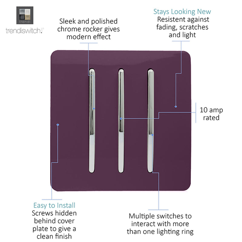 Load image into Gallery viewer, Trendi Switch ART-SS6PL, Artistic Modern 3 Gang 2 Way 10 Amp Rocker Plum Finish, BRITISH MADE, (25mm Back Box Required), 5yrs Warranty - 54080
