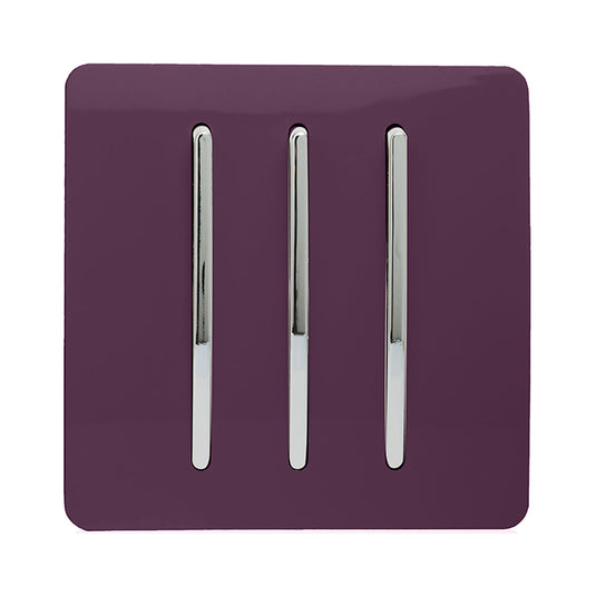 Trendi Switch ART-SS6PL, Artistic Modern 3 Gang 2 Way 10 Amp Rocker Plum Finish, BRITISH MADE, (25mm Back Box Required), 5yrs Warranty - 54080