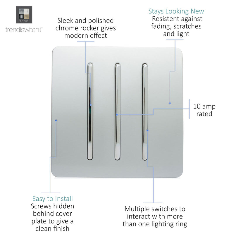 Load image into Gallery viewer, Trendi Switch ART-SS6SI, Artistic Modern 3 Gang 2 Way 10 Amp Rocker Silver Finish, BRITISH MADE, (25mm Back Box Required), 5yrs Warranty - 24221
