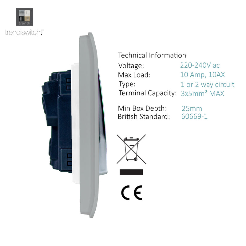 Load image into Gallery viewer, Trendi Switch ART-SS6SI, Artistic Modern 3 Gang 2 Way 10 Amp Rocker Silver Finish, BRITISH MADE, (25mm Back Box Required), 5yrs Warranty - 24221
