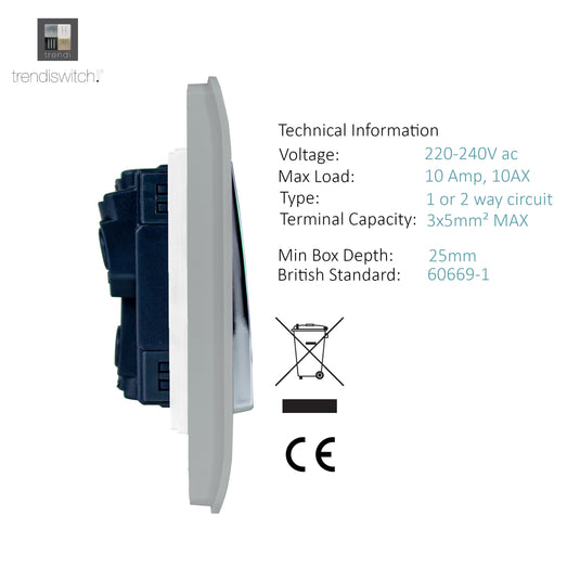 Trendi Switch ART-SS6SI, Artistic Modern 3 Gang 2 Way 10 Amp Rocker Silver Finish, BRITISH MADE, (25mm Back Box Required), 5yrs Warranty - 24221