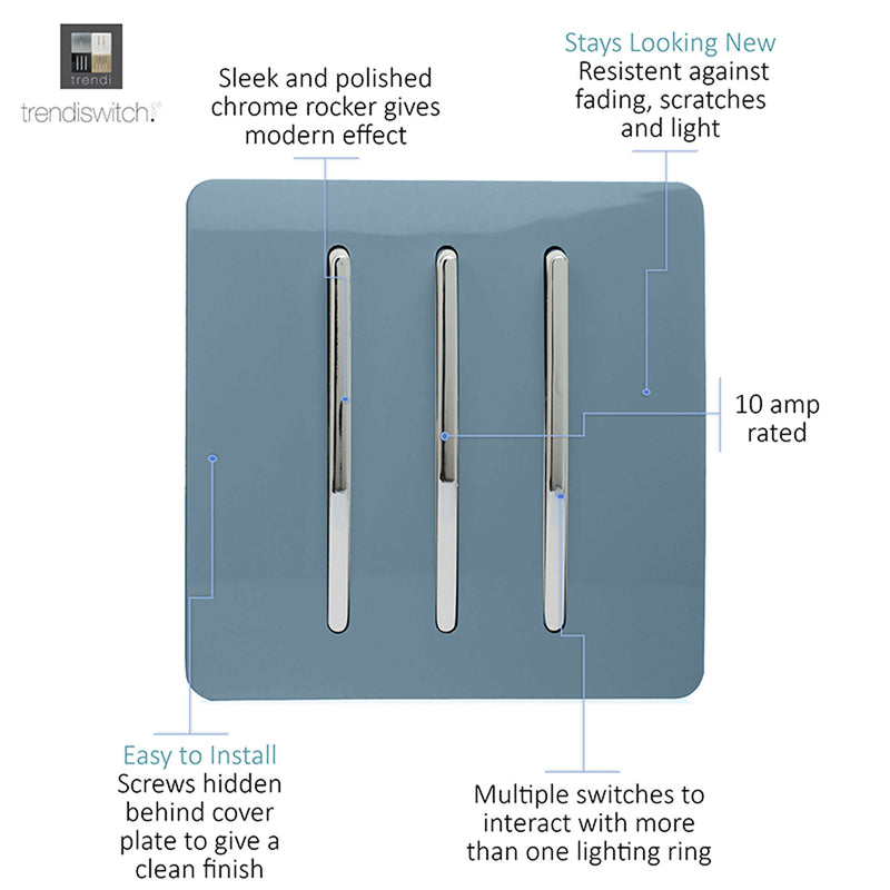 Load image into Gallery viewer, Trendi Switch ART-SS6SK, Artistic Modern 3 Gang 2 Way 10 Amp Rocker Sky Finish, BRITISH MADE, (25mm Back Box Required), 5yrs Warranty - 54082
