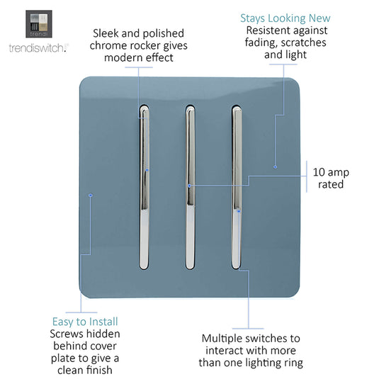 Trendi Switch ART-SS6SK, Artistic Modern 3 Gang 2 Way 10 Amp Rocker Sky Finish, BRITISH MADE, (25mm Back Box Required), 5yrs Warranty - 54082