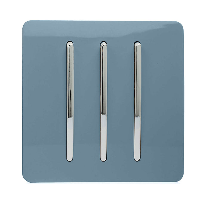 Trendi Switch ART-SS6SK, Artistic Modern 3 Gang 2 Way 10 Amp Rocker Sky Finish, BRITISH MADE, (25mm Back Box Required), 5yrs Warranty - 54082