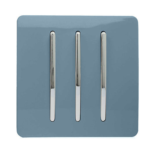 Trendi Switch ART-SS6SK, Artistic Modern 3 Gang 2 Way 10 Amp Rocker Sky Finish, BRITISH MADE, (25mm Back Box Required), 5yrs Warranty - 54082