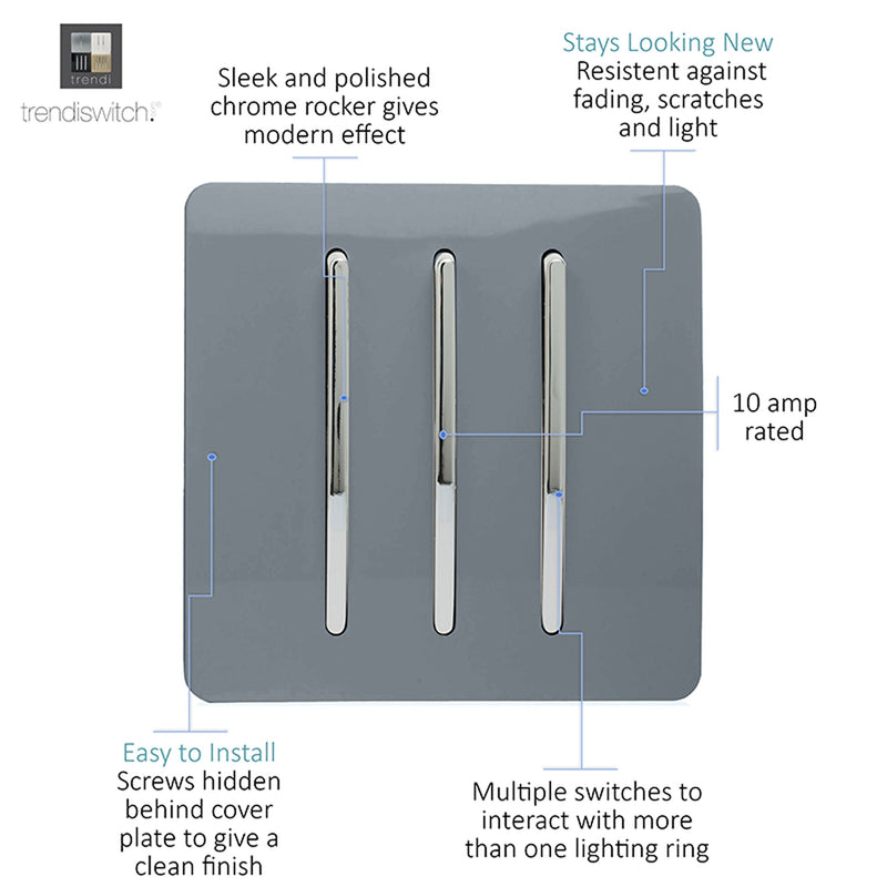 Load image into Gallery viewer, Trendi Switch ART-SS6WG, Artistic Modern 3 Gang 2 Way 10 Amp Rocker Warm Grey Finish, BRITISH MADE, (25mm Back Box Required), 5yrs Warranty - 54083
