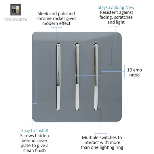 Trendi Switch ART-SS6WG, Artistic Modern 3 Gang 2 Way 10 Amp Rocker Warm Grey Finish, BRITISH MADE, (25mm Back Box Required), 5yrs Warranty - 54083