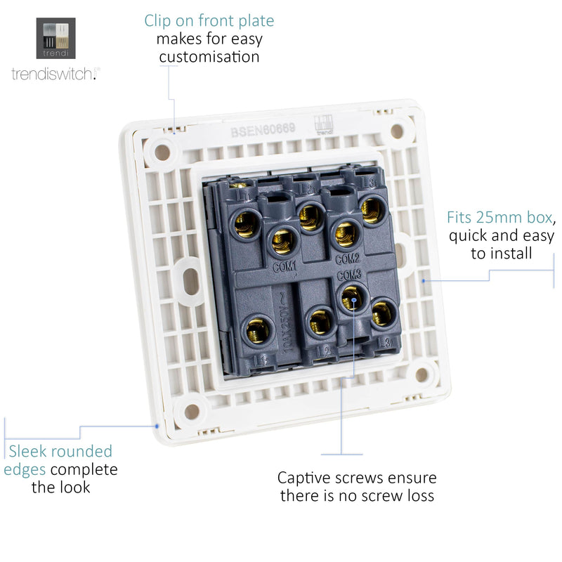 Load image into Gallery viewer, Trendi Switch ART-SS6SK, Artistic Modern 3 Gang 2 Way 10 Amp Rocker Sky Finish, BRITISH MADE, (25mm Back Box Required), 5yrs Warranty - 54082
