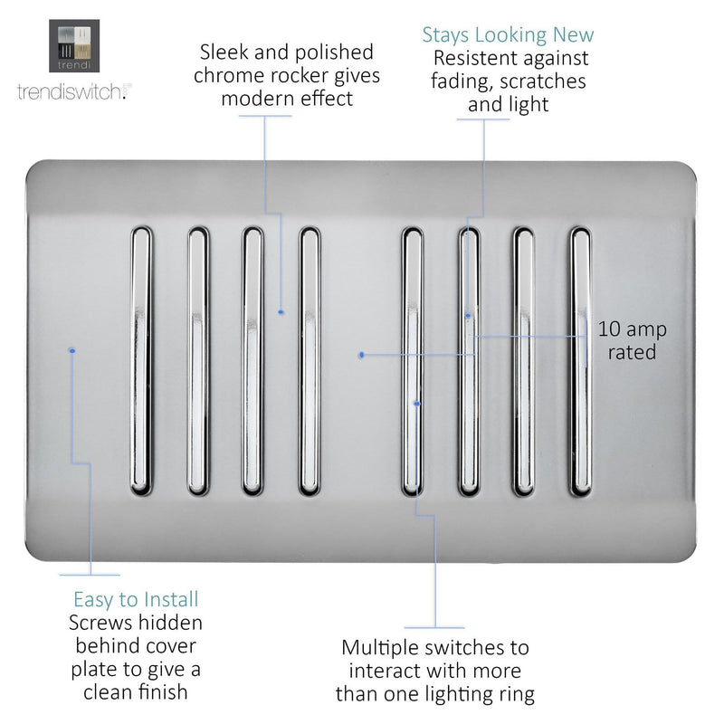 Load image into Gallery viewer, Trendi Switch ART-SS88BS, Artistic Modern 8 Gang 2 Way 10 Amp Rocker Twin Plate Brushed Steel Finish, BRITISH MADE, (35mm Back Box Required), 5yrs Warranty - 54084
