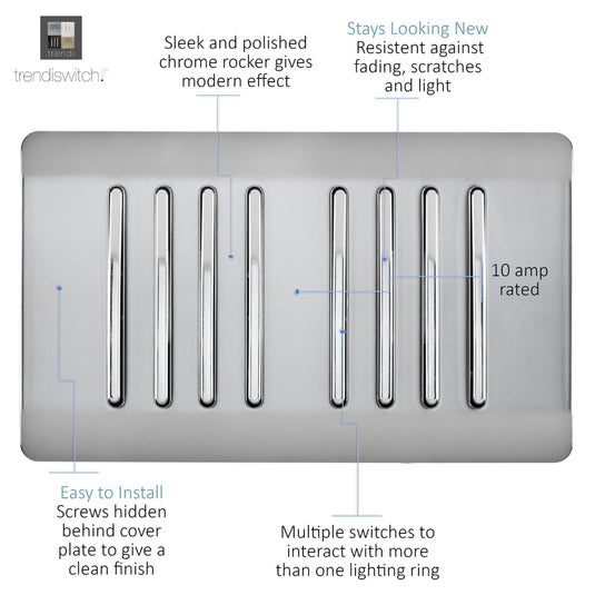 Trendi Switch ART-SS88BS, Artistic Modern 8 Gang 2 Way 10 Amp Rocker Twin Plate Brushed Steel Finish, BRITISH MADE, (35mm Back Box Required), 5yrs Warranty - 54084