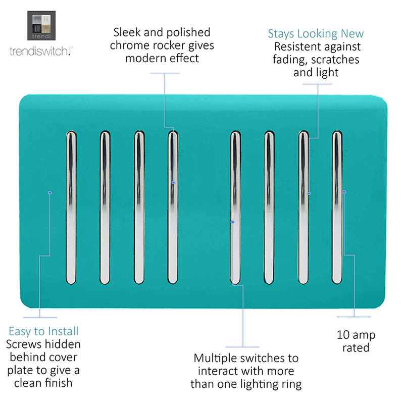 Load image into Gallery viewer, Trendi Switch ART-SS88BT, Artistic Modern 8 Gang 2 Way 10 Amp Rocker Twin Plate Bright Teal Finish, BRITISH MADE, (35mm Back Box Required), 5yrs Warranty - 54085
