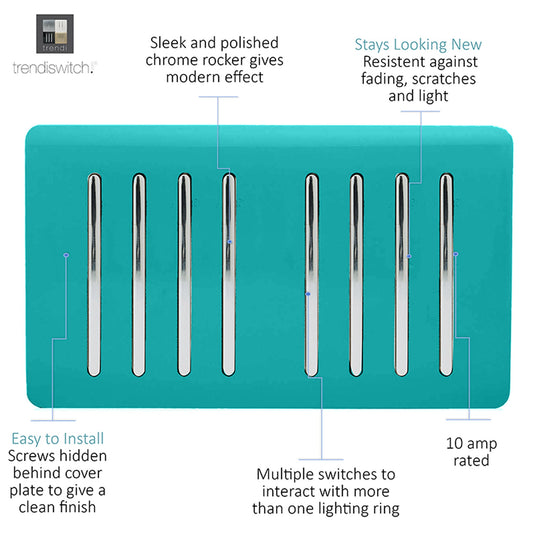 Trendi Switch ART-SS88BT, Artistic Modern 8 Gang 2 Way 10 Amp Rocker Twin Plate Bright Teal Finish, BRITISH MADE, (35mm Back Box Required), 5yrs Warranty - 54085