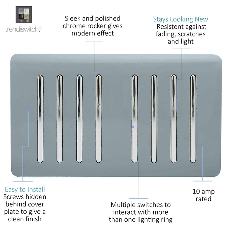 Load image into Gallery viewer, Trendi Switch ART-SS88CG, Artistic Modern 8 Gang 2 Way 10 Amp Rocker Twin Plate Cool Grey Finish, BRITISH MADE, (35mm Back Box Required), 5yrs Warranty - 54086
