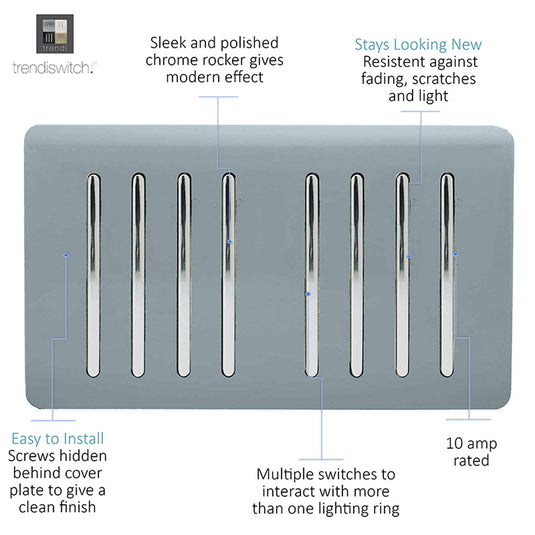 Trendi Switch ART-SS88CG, Artistic Modern 8 Gang 2 Way 10 Amp Rocker Twin Plate Cool Grey Finish, BRITISH MADE, (35mm Back Box Required), 5yrs Warranty - 54086