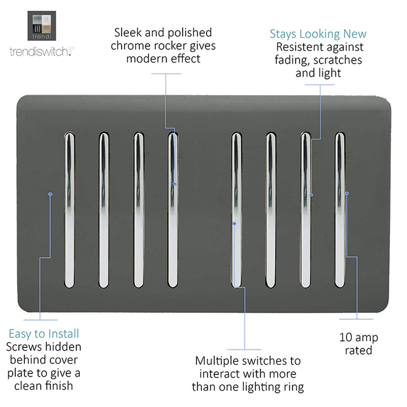 Load image into Gallery viewer, Trendi Switch ART-SS88CH, Artistic Modern 8 Gang 2 Way 10 Amp Rocker Twin Plate Charcoal Finish, BRITISH MADE, (35mm Back Box Required), 5yrs Warranty - 54087
