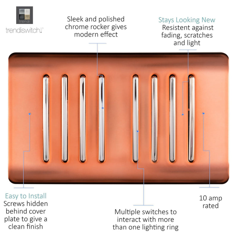 Load image into Gallery viewer, Trendi Switch ART-SS88CPR, Artistic Modern 8 Gang 2 Way 10 Amp Rocker Twin Plate Copper Finish, BRITISH MADE, (35mm Back Box Required), 5yrs Warranty - 54088
