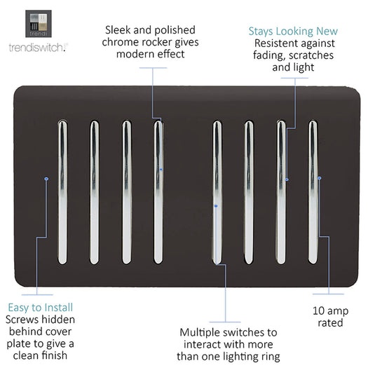 Trendi Switch ART-SS88DB, Artistic Modern 8 Gang 2 Way 10 Amp Rocker Twin Plate Dark Brown Finish, BRITISH MADE, (35mm Back Box Required), 5yrs Warranty - 54089