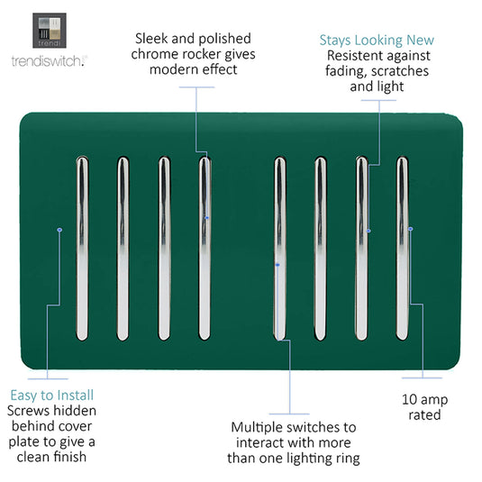 Trendi Switch ART-SS88DG, Artistic Modern 8 Gang 2 Way 10 Amp Rocker Twin Plate Dark Green Finish, BRITISH MADE, (35mm Back Box Required), 5yrs Warranty - 54090