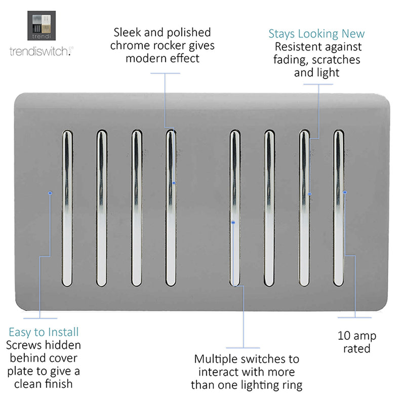 Load image into Gallery viewer, Trendi Switch ART-SS88LG, Artistic Modern 8 Gang 2 Way 10 Amp Rocker Twin Plate Light Grey Finish, BRITISH MADE, (35mm Back Box Required), 5yrs Warranty - 54091
