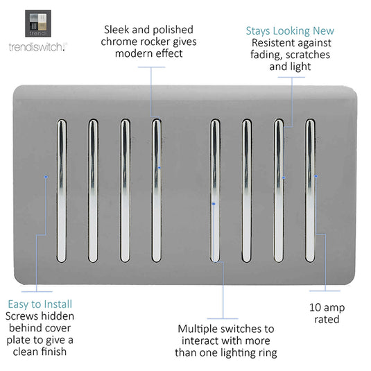 Trendi Switch ART-SS88LG, Artistic Modern 8 Gang 2 Way 10 Amp Rocker Twin Plate Light Grey Finish, BRITISH MADE, (35mm Back Box Required), 5yrs Warranty - 54091