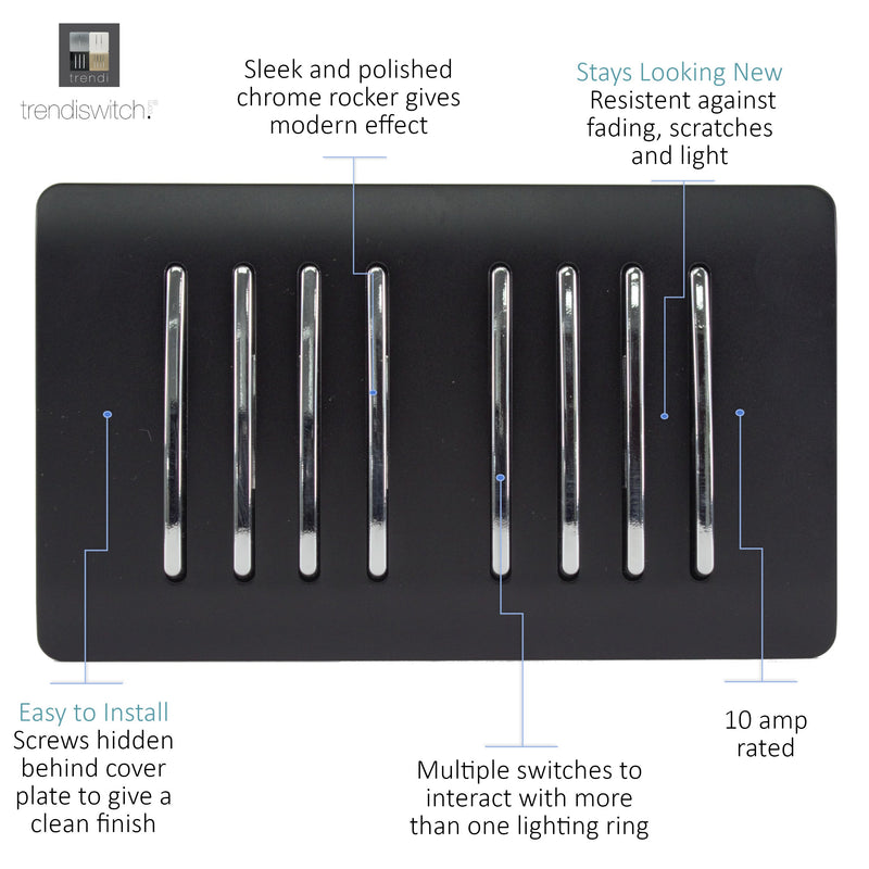 Load image into Gallery viewer, Trendi Switch ART-SS88MBK, Artistic Modern 8 Gang 2 Way 10 Amp Rocker Twin Plate Matt Black Finish, BRITISH MADE, (35mm Back Box Required), 5yrs Warranty - 43906
