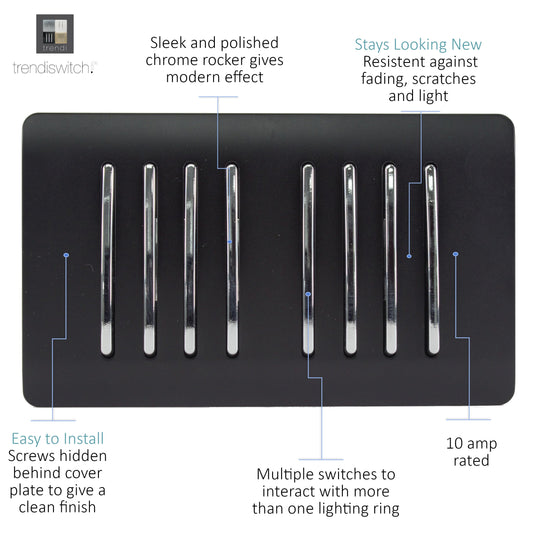 Trendi Switch ART-SS88MBK, Artistic Modern 8 Gang 2 Way 10 Amp Rocker Twin Plate Matt Black Finish, BRITISH MADE, (35mm Back Box Required), 5yrs Warranty - 43906