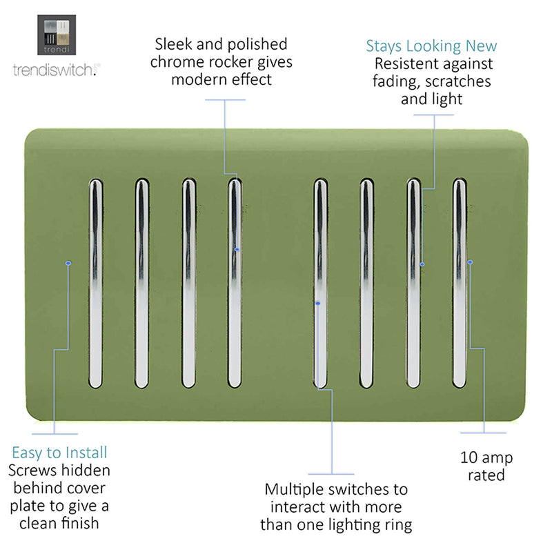 Load image into Gallery viewer, Trendi Switch ART-SS88MG, Artistic Modern 8 Gang 2 Way 10 Amp Rocker Twin Plate Moss Green Finish, BRITISH MADE, (35mm Back Box Required), 5yrs Warranty - 54093
