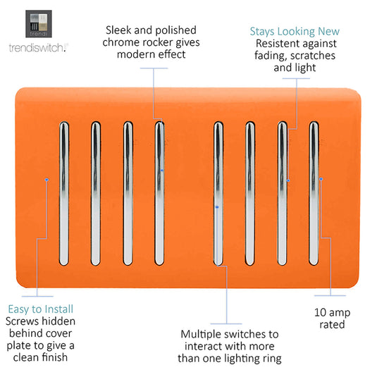 Trendi Switch ART-SS88OR, Artistic Modern 8 Gang 2 Way 10 Amp Rocker Twin Plate Orange Finish, BRITISH MADE, (35mm Back Box Required), 5yrs Warranty - 54096
