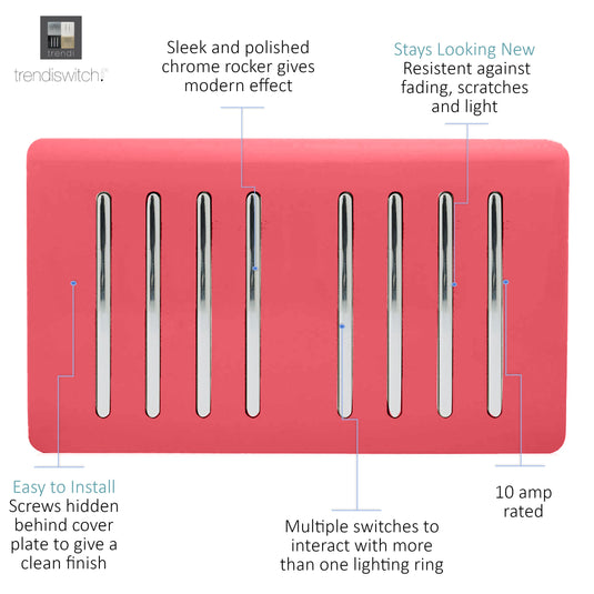 Trendi Switch ART-SS88SB, Artistic Modern 8 Gang 2 Way 10 Amp Rocker Twin Plate Strawberry Finish, BRITISH MADE, (35mm Back Box Required), 5yrs Warranty - 54099