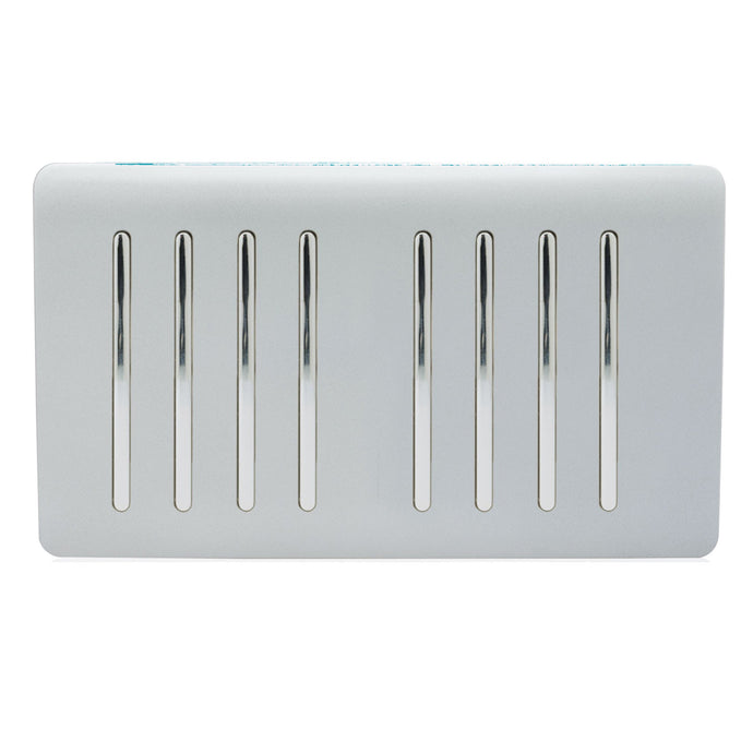 Trendi Switch ART-SS88SI, Artistic Modern 8 Gang 2 Way 10 Amp Rocker Twin Plate Silver Finish, BRITISH MADE, (35mm Back Box Required), 5yrs Warranty - 43907