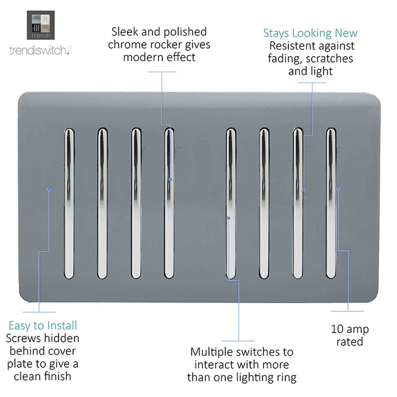 Load image into Gallery viewer, Trendi Switch ART-SS88WG, Artistic Modern 8 Gang 2 Way 10 Amp Rocker Twin Plate Warm Grey Finish, BRITISH MADE, (35mm Back Box Required), 5yrs Warranty - 54101
