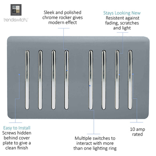 Trendi Switch ART-SS88WG, Artistic Modern 8 Gang 2 Way 10 Amp Rocker Twin Plate Warm Grey Finish, BRITISH MADE, (35mm Back Box Required), 5yrs Warranty - 54101