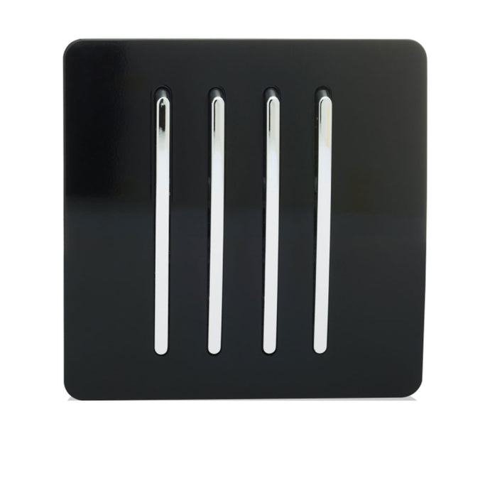 Trendi Switch ART-SS8BK, Artistic Modern 4 Gang 2 Way 10 Amp Rocker Gloss Black Finish, BRITISH MADE, (25mm Back Box Required), 5yrs Warranty - 24223