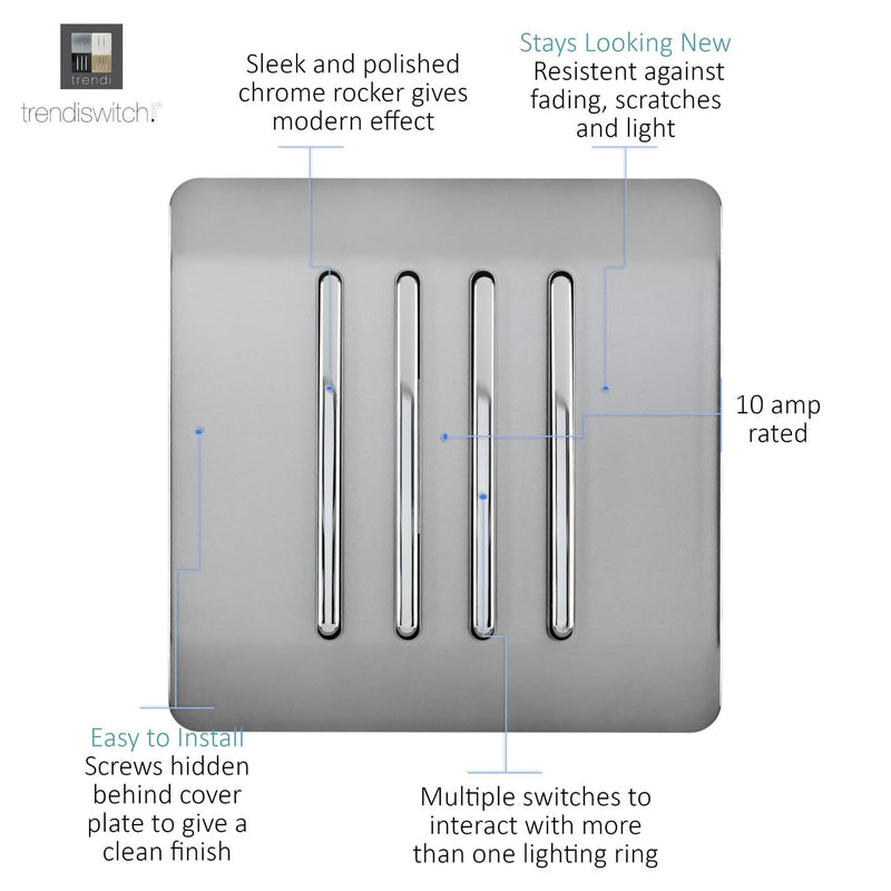 Load image into Gallery viewer, Trendi Switch ART-SS8BS, Artistic Modern 4 Gang 2 Way 10 Amp Rocker Brushed Steel Finish, BRITISH MADE, (25mm Back Box Required), 5yrs Warranty - 54102
