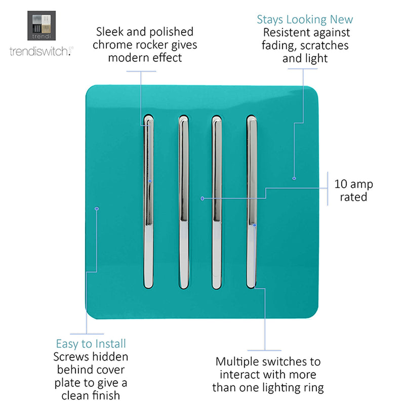 Load image into Gallery viewer, Trendi Switch ART-SS8BT, Artistic Modern 4 Gang 2 Way 10 Amp Rocker Bright Teal Finish, BRITISH MADE, (25mm Back Box Required), 5yrs Warranty - 54103
