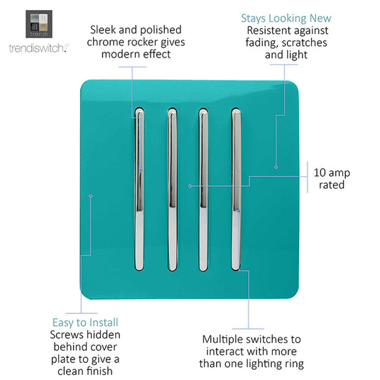 Trendi Switch ART-SS8BT, Artistic Modern 4 Gang 2 Way 10 Amp Rocker Bright Teal Finish, BRITISH MADE, (25mm Back Box Required), 5yrs Warranty - 54103