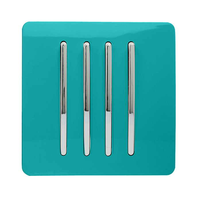 Trendi Switch ART-SS8BT, Artistic Modern 4 Gang 2 Way 10 Amp Rocker Bright Teal Finish, BRITISH MADE, (25mm Back Box Required), 5yrs Warranty - 54103