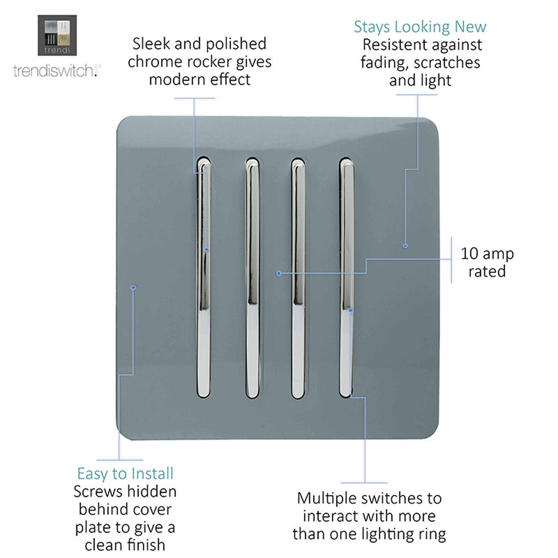 Load image into Gallery viewer, Trendi Switch ART-SS8CG, Artistic Modern 4 Gang 2 Way 10 Amp Rocker Cool Grey Finish, BRITISH MADE, (25mm Back Box Required), 5yrs Warranty - 54104
