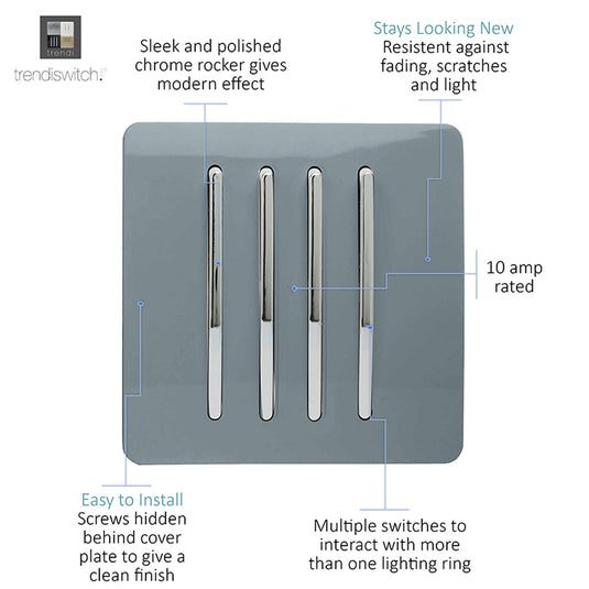 Trendi Switch ART-SS8CG, Artistic Modern 4 Gang 2 Way 10 Amp Rocker Cool Grey Finish, BRITISH MADE, (25mm Back Box Required), 5yrs Warranty - 54104