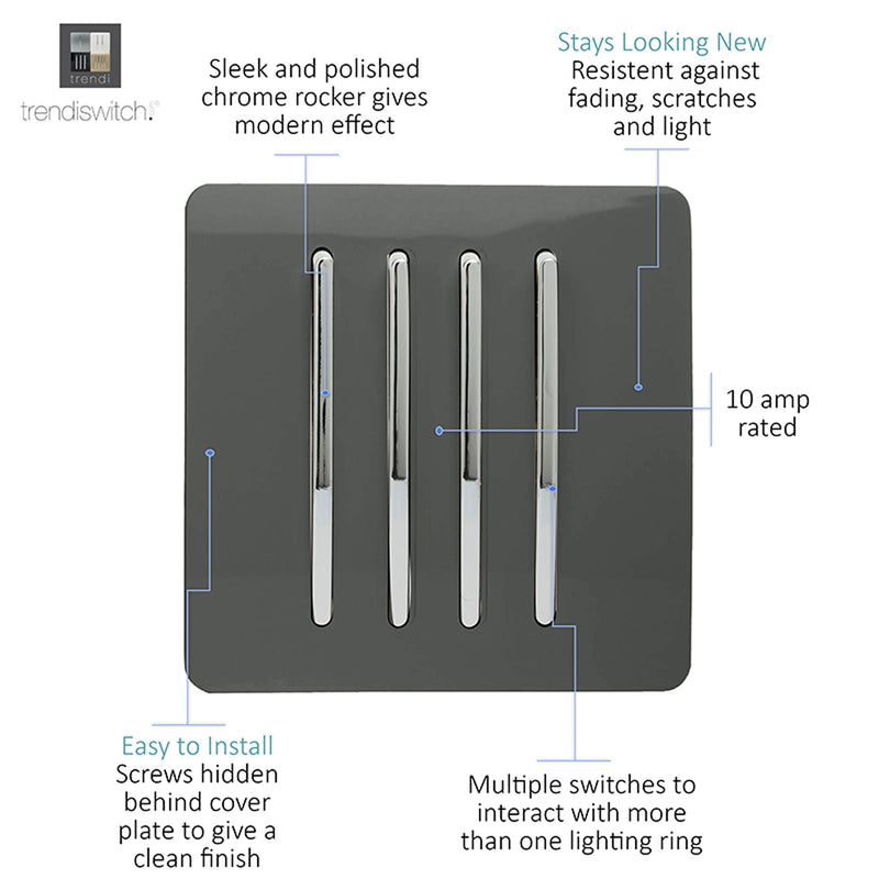 Load image into Gallery viewer, Trendi Switch ART-SS8CH, Artistic Modern 4 Gang 2 Way 10 Amp Rocker Charcoal Finish, BRITISH MADE, (25mm Back Box Required), 5yrs Warranty - 54105
