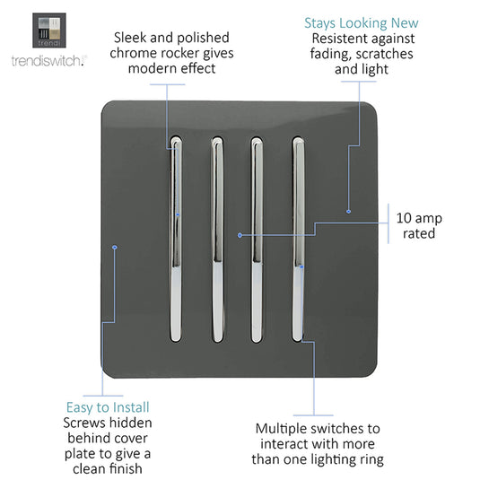 Trendi Switch ART-SS8CH, Artistic Modern 4 Gang 2 Way 10 Amp Rocker Charcoal Finish, BRITISH MADE, (25mm Back Box Required), 5yrs Warranty - 54105