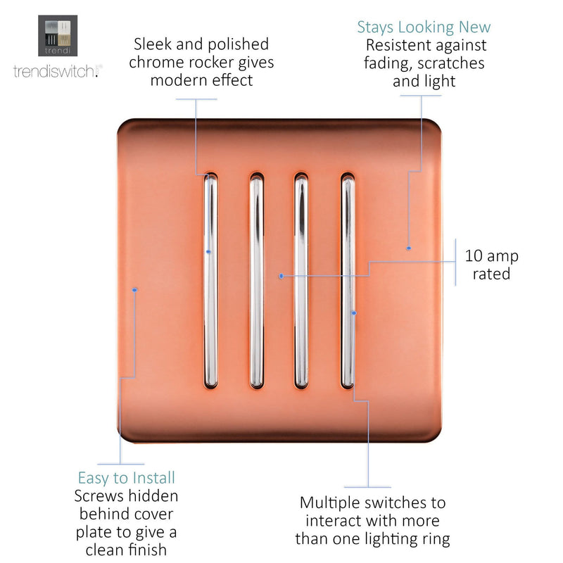 Load image into Gallery viewer, Trendi Switch ART-SS8CPR, Artistic Modern 4 Gang 2 Way 10 Amp Rocker Copper Finish, BRITISH MADE, (25mm Back Box Required), 5yrs Warranty - 54106
