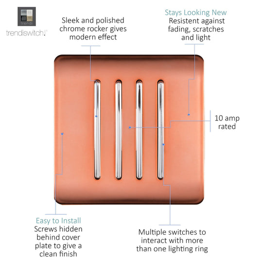 Trendi Switch ART-SS8CPR, Artistic Modern 4 Gang 2 Way 10 Amp Rocker Copper Finish, BRITISH MADE, (25mm Back Box Required), 5yrs Warranty - 54106